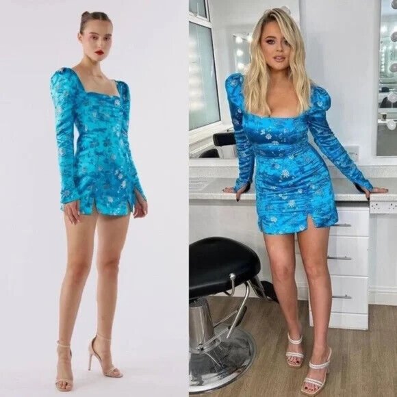 SAU LEE Jen Mini Dress Chinese Jacquard Aquamarine Floral Teal sz US 2 - Picture 3 of 10